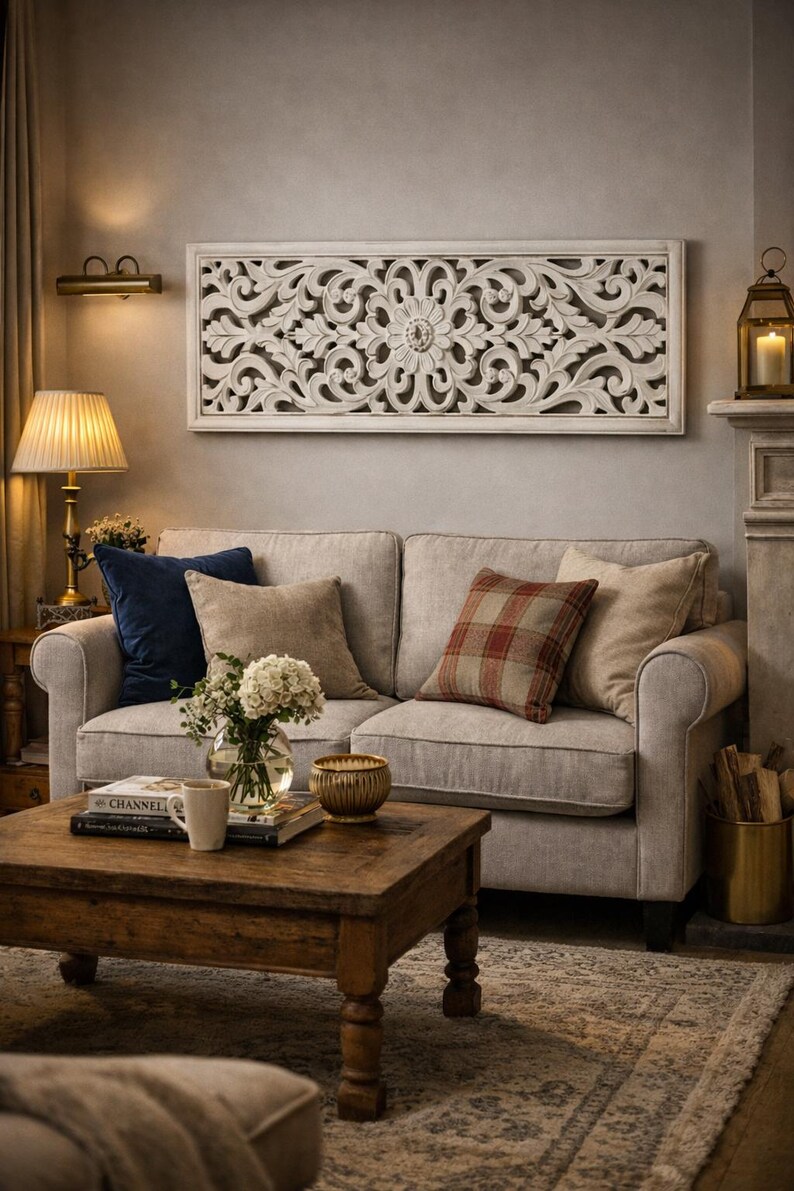 Decorative White Wall Panel – Hand Carved Floral Wall Decor (vertical ...