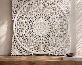 Hand-Carved White Mandala Wall Panel – 90cm Statement Decor