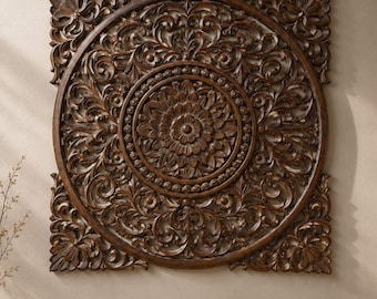 Hand-Carved Mandala Wall Panel 90×90 cm| Intricate Floral Carving | Statement Decor