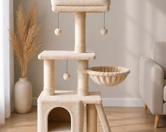 Rascador de felpa para gatos con hamaca y postes rascadores – Torre para gatos color beige