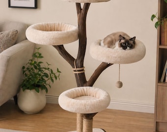 Árbol rascador de madera natural con camas de felpa – Torre moderna para gatos – Mueble tipo casita para gatos de 115 cm