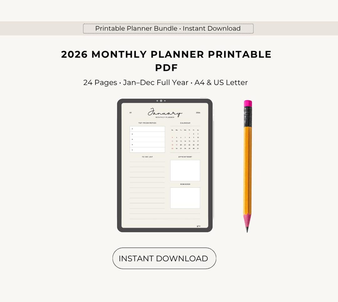 2026 Monthly Planner Printable | Minimal Calendar Organizer (digital