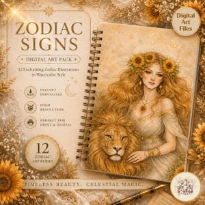 May include: A spiral-bound notebook featuring a digital art pack of zodiac signs. The cover displays a watercolor illustration of a person with long golden hair adorned with sunflowers, accompanied by a lion. Text includes ZODIAC SIGNS.