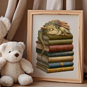 Sleeping Dragon on Vintage Book Stack, Cozy Storybook Fantasy Art (Digital Download) 3852