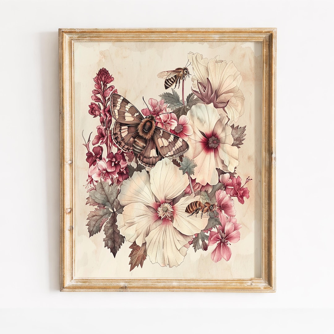Vintage Botanical Moth and Flower Print, Cottagecore Wall Art (digital ...