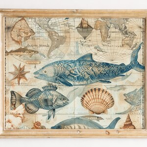 Può includere: Una stampa nautica incorniciata con vari pesci, una conchiglia e una stella marina, su uno sfondo di mappa del mondo vintage. L'opera d'arte è prevalentemente blu e beige, con una cornice in legno. Il tema è la vita marina e l'esplorazione.