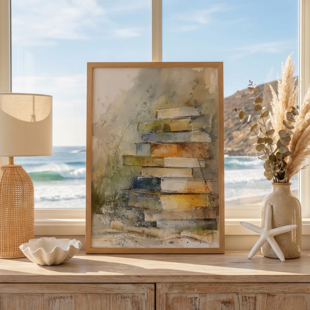 Abstract Book Stack Watercolor Art Logo, Vintage Cottagecore Decor ...