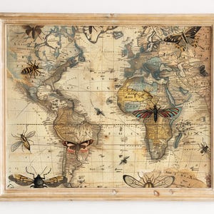 Puede incluir: Impresión enmarcada de un mapa del mundo de estilo vintage. El mapa tiene un tono sepia y presenta ilustraciones de varios insectos y mariposas. El marco es de madera clara, lo que añade un toque rústico a la obra de arte.