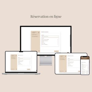 Op de afbeelding: Een weergave van elektronische apparaten, waaronder een laptop, een desktopmonitor, een tablet en een smartphone, met een online service reserveringsinterface. De tekst "R&eacute;servation en ligne" is zichtbaar.