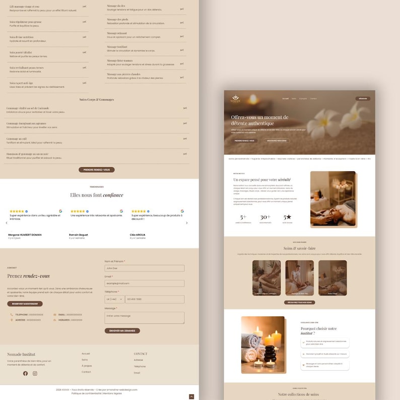 Op de afbeelding: Website-ontwerp in beige en wit. Het ontwerp bevat tekst, afbeeldingen en een contactformulier. De tekst bevat zinnen als "Offrez-vous un moment de d&eacute;tente authentique" en "Prenez rendez-vous".