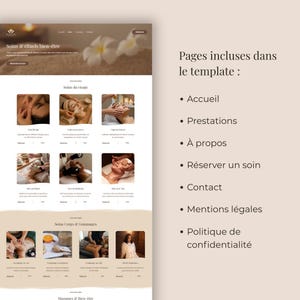 Op de afbeelding: Een website template voor een spa en wellnesscentrum. Het ontwerp toont afbeeldingen van spabehandelingen en een lijst met inbegrepen pagina's, zoals "Accueil", "Prestations" en "Contact". De kleurstelling is neutraal.