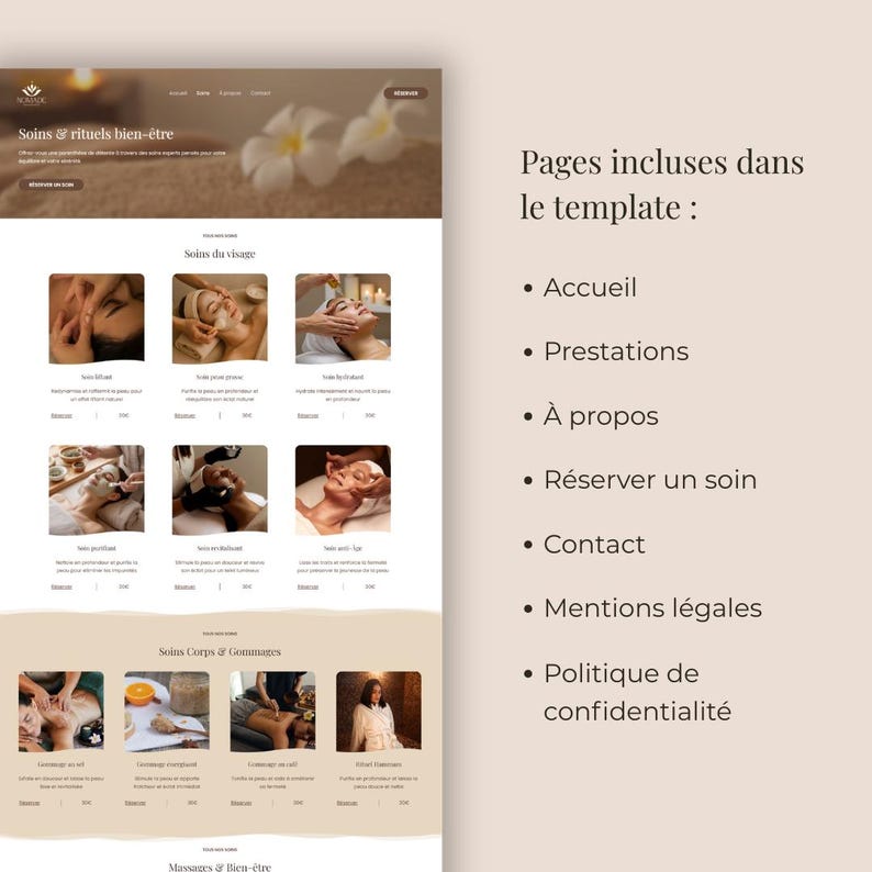 Op de afbeelding: Een website template voor een spa en wellnesscentrum. Het ontwerp toont afbeeldingen van spabehandelingen en een lijst met inbegrepen pagina's, zoals "Accueil", "Prestations" en "Contact". De kleurstelling is neutraal.