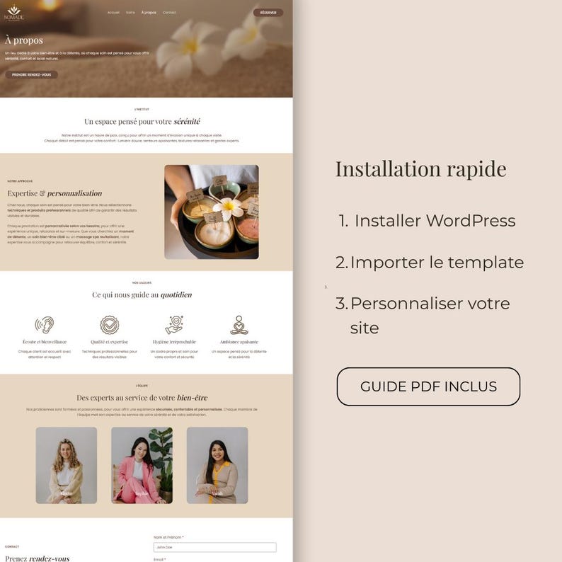 Op de afbeelding: Website-ontwerp met een spa-thema, met tekst in het Frans en Engels. De pagina bevat secties over sereniteit, expertise en dagelijkse begeleiding, met afbeeldingen van spabehandelingen en personeel. Instructies voor WordPress-installatie zijn ook aanwezig.