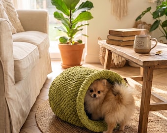 Cozy Dog Cave Bed Handmade | Boho Knit Pet House | Small Dog Home