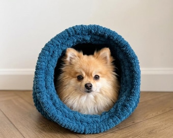 Chunky Knit Dog Cave Bed | Handmade Pet House for Small Dogs
