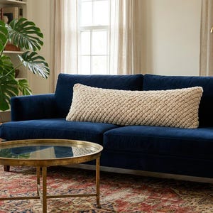 May include: A navy blue velvet sofa with a long, textured beige pillow. A round, gold-framed coffee table sits on a patterned rug. A large potted plant and a brass floor lamp complete the living room setting.