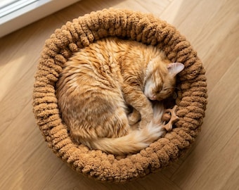 オープンクロシェ編みの猫用ベッド、ふわふわの丸型猫用巣、子猫用リブ編みラウンジャー