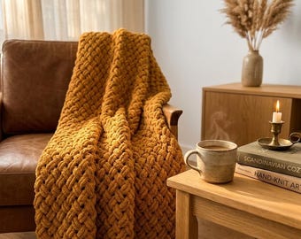 ふっくらとした厚手のブランケット、琥珀色のシェニール織り、手作りのボヘミアンギフト