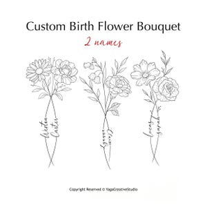 Può includere: Un'illustrazione a linee in bianco e nero intitolata Custom Birth Flower Bouquet 2 names. Presenta tre composizioni floreali distinte, ciascuna composta da due steli intrecciati con nomi in corsivo: Weston e Carter, Lyanna e Claire, e Lucas e Sarah.