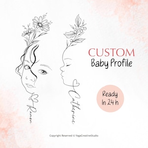 Profilo laterale del bambino, nome del fiore di nascita, design minimalista per il tatuaggio, ritratti con fiori di nascita