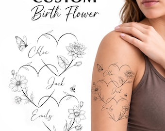 May include: A black and white line art design featuring three interconnected hearts, each containing a name: Chloe, Jack, and Emily. The design includes floral elements, a butterfly, and a bee. The text CUSTOM Birth Flower is displayed above.