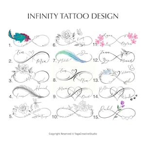 Pode incluir: Uma imagem mostrando 15 designs de tatuagens de infinito, cada um com motivos florais, de penas e de coração únicos. Os designs incluem nomes e datas, com o texto "INFINITY TATTOO DESIGN" no topo. Copyright de YagaCreativeStudio.