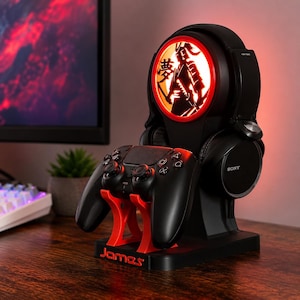 パーソナライズされたサムライゲーミングコントローラースタンド、ヘッドホンホルダー、カスタムゲーマーギフト、コントローラーホルダー、ゲーミングデスクアクセサリー、LEDゲーマーセットアップ