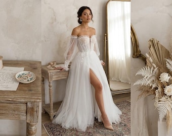 Bohemian Off-Shoulder Tulle Wedding Dress | Puff Sleeve A-Line Bridal Gown with Slit