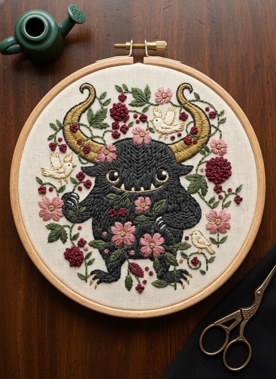 Whimsical Monster Embroidery Kit – Floral Beast Craft, Cotton-Linen Fabric, DIY Decor