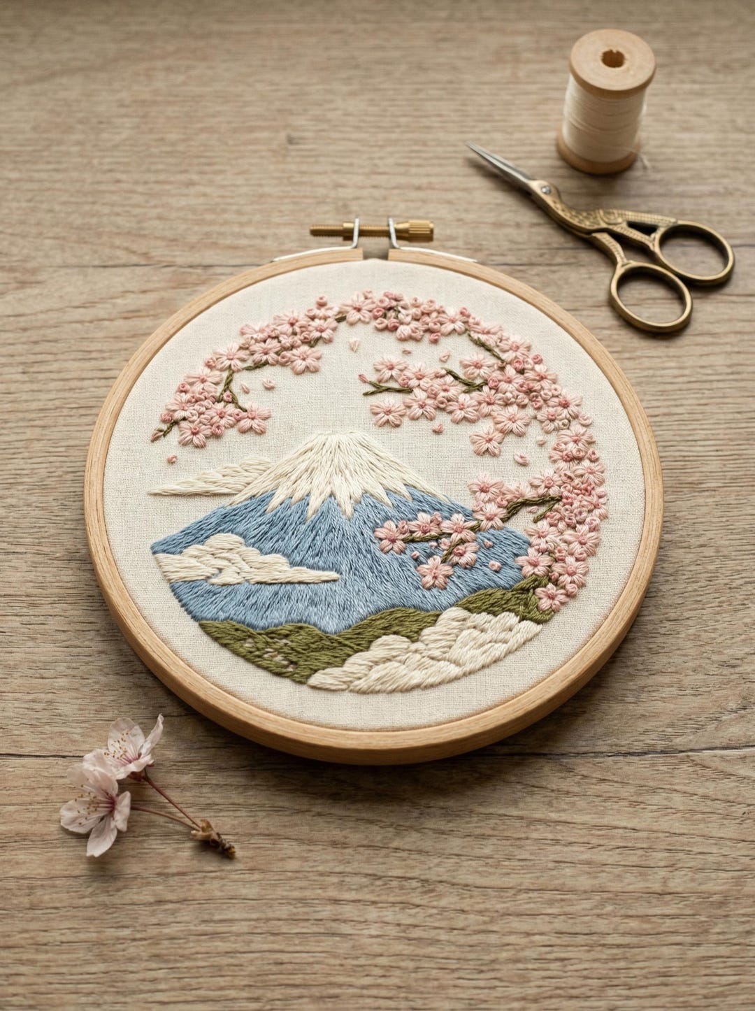 Mount Fuji Cherry Blossom Embroidery Kit - Serene Japanese Landscape ...