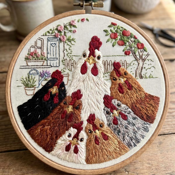 Chicken Embroidery Kit - Farmhouse Animal Craft - Beginner Hand Stitching Project - Cottagecore Kitchen Decor Gift