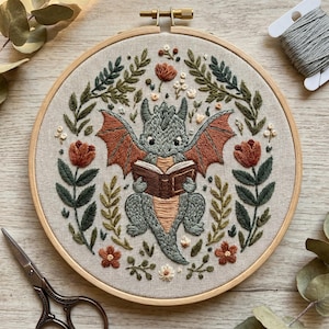 Reading Dragon Embroidery Kit – Fantasy Bookish Craft, Cozy Hobby for Readers