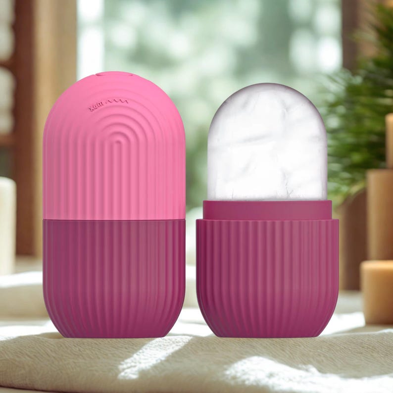 Eis Gesicht Roller Silikonform für Glühende Haut Depuffing Werkzeug Gesichts Eiswürfel Beauty Tool für Akne Poren Augen Taschen Hautpflege Rose Pink