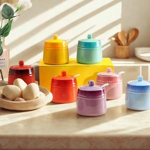 May include: A selection of brightly coloured ceramic spice jars, each with a lid and a small spoon. The jars are in shades of yellow, teal, red, orange, purple, pink, and blue. They are arranged on a kitchen counter, alongside a basket of eggs.