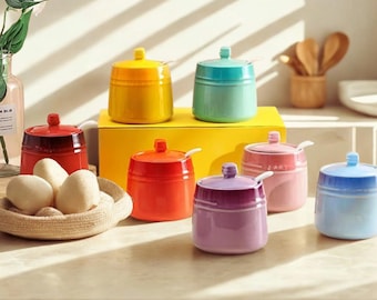 Zuccheriera in ceramica colorata con coperchio e cucchiaino, barattolo per condimenti moderno, grazioso contenitore per sale da cucina, decorazione per la casa, regalo
