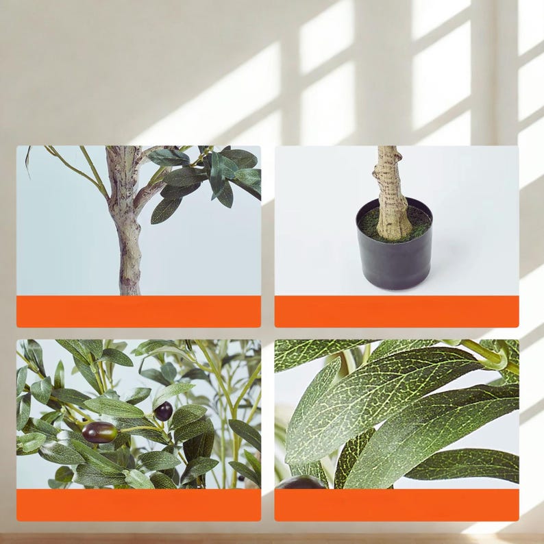 Puede incluir: Olivo artificial con primeros planos detallados del tronco, las hojas y las aceitunas. El &aacute;rbol presenta un tronco texturizado de color marr&oacute;n claro, hojas verdes vibrantes y aceitunas peque&ntilde;as y oscuras. El &aacute;rbol est&aacute; en una maceta negra.