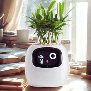 Puede incluir: Una maceta blanca en forma de huevo con una pantalla digital que muestra una cara de dibujos animados y una planta verde. La planta tiene hojas largas y verdes y está plantada con pequeñas piedras blancas. La maceta está sobre una superficie de madera.