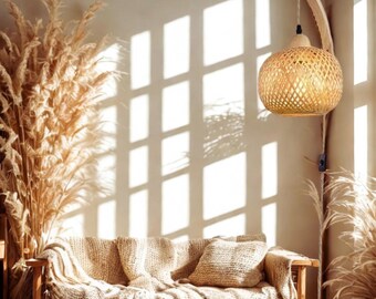 Lámpara de pared de bambú, lámpara colgante de ratán, farol de mimbre estilo bohemio, aplique de pared, decoración rústica para dormitorio y sala de estar, iluminación E27