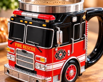 Puede incluir: Una taza de cerámica con forma de camión de bomberos, con cuerpo rojo y negro y detalles plateados. El frente muestra el texto FIRE RESCUE en amarillo, una rejilla plateada y faros. Un borde metálico recubre la abertura superior.