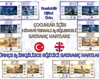 64 Kare Krallığı: Çocuklar İçin Türkçe & İngilizce Eğitici Satranç Kartları - Dijital İndirme