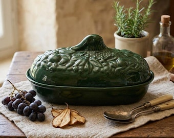 Vintage French Enameled Terracotta Duck Paté Terrine Casserole Dish Green Glaze
