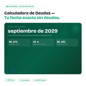 May include: A debt calculator interface with a green background. The text reads "Calculadora de Deudas - Tu fecha exacta sin deudas." It displays "septiembre de 2029" as the debt-free date, with interest, remaining months, and extra savings details.
