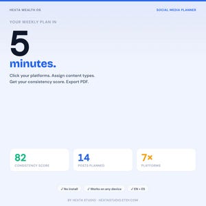 May include: A digital marketing graphic with the text "HEXTA WEALTH OS" and "SOCIAL MEDIA PLANNER". The image highlights a weekly plan in 5 minutes. It includes sections for consistency score, posts planned, and platforms.