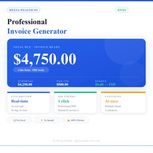 Pode incluir: Interface de gerador de faturas digital com design azul e branco. O total devido é de €4.750,00. Inclui visualização em tempo real, exportação PDF com 1 clique e 6 faturas de uma vez. A interface é rotulada como "Hexta Wealth OS."