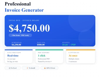 Professionell fakturagenerator — Skapa PDF-fakturor med varumärken på några sekunder och få betalt snabbare som frilansare eller företag
