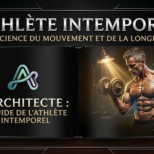 Peut inclure: Image d'un livre ouvert avec le titre "ATHLÈTE INTEMPOREL" et le texte "LA SCIENCE DU MOUVEMENT ET DE LA LONGEVITÉ". La page de gauche affiche un logo et le texte "L'ARCHITECTE : LE GUIDE DE L'ATHLÈTE INTEMPOREL". La page de droite montre un homme musclé soulevant des haltères.