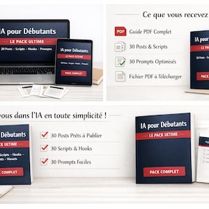 Könnte beinhalten: Werbebild für ein digitales Produkt, das einen Laptop, ein Tablet und ein Smartphone zeigt, die die Benutzeroberfläche des Produkts anzeigen. Das Produkt trägt den Titel "IA pour Débutants" mit dem Slogan "LE PACK ULTIME".