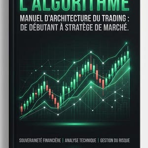 May include: A black book cover with the title "L'ALGORITHME" in large, glowing green letters. Below, the text reads "MANUEL D'ARCHITECTURE DU TRADING: DE DÉBUTANT À STRATÈGE DE MARCHÉ." A green and red stock chart graphic is featured. The bottom text reads "SOUVERAINETÉ FINANCIÈRE | ANALYSE TECHNIQUE | GESTION DU RISQUE."
