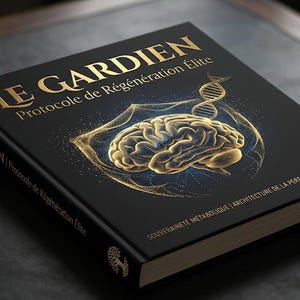 May include: A hardcover book titled "LE GARDIEN" with gold lettering and a black cover. The book features an illustration of a brain and DNA strands. The title "Protocole de Régénération Élite" is also displayed. The book is on a dark surface.