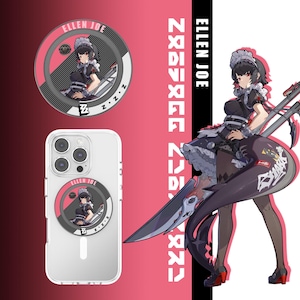 May include: A clear phone case with a circular pop socket featuring an anime-style illustration of a woman in a maid outfit. The pop socket has the text "ELLEN JOE" and "Z.Z.Z". The background is pink and white with Japanese text.